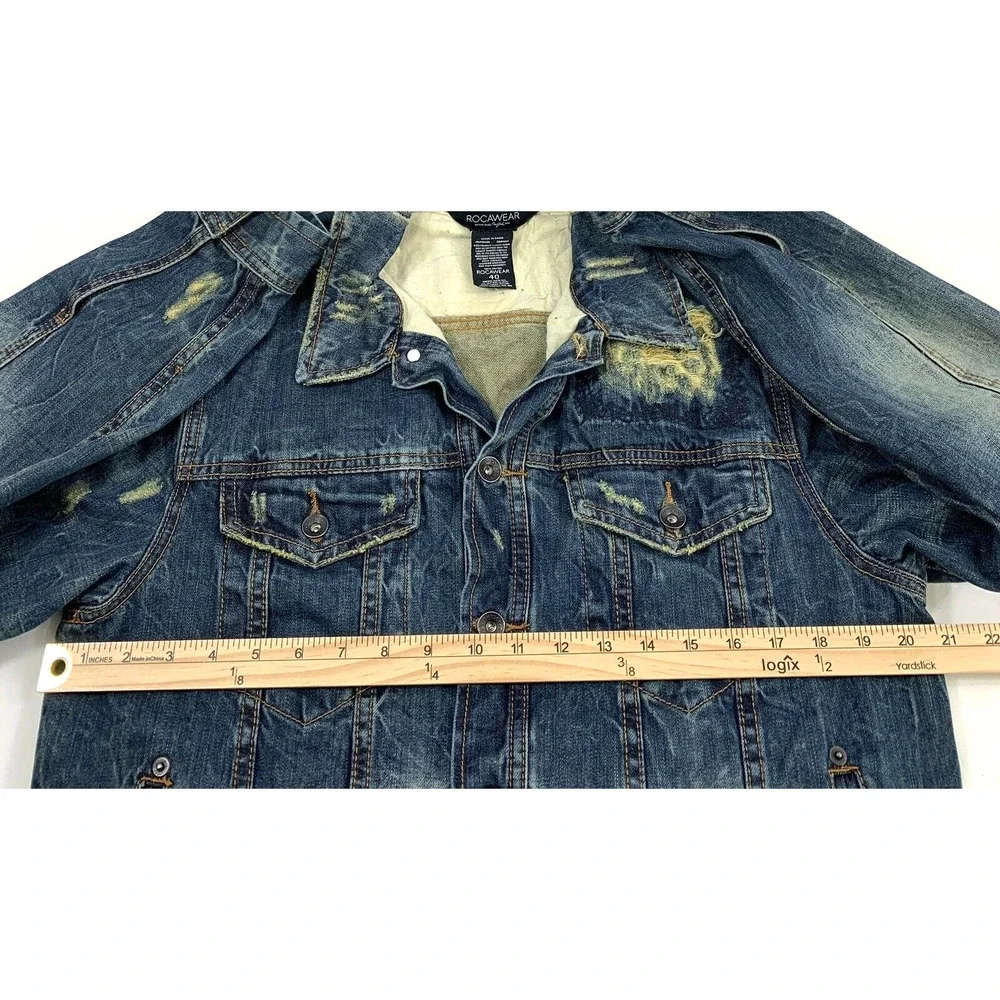Rocawear Denim‎ Jacket Mens Size 40 Distressed Destroyed Trucker Hip Hop Grunge